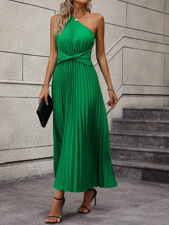 LUNE One Shoulder Twist Front Pleated Hem Dress