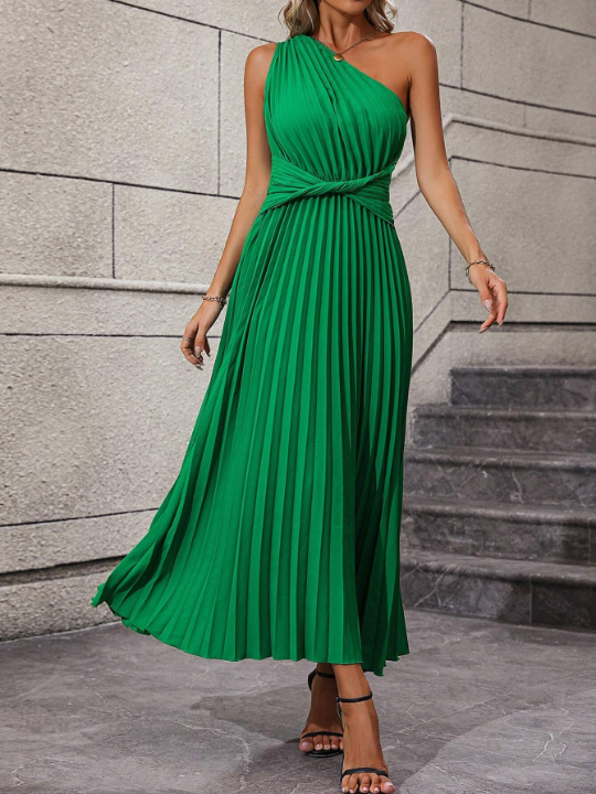 LUNE One Shoulder Twist Front Pleated Hem Dress