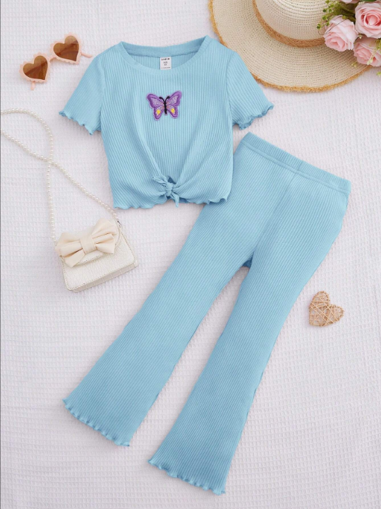 Young Girl Butterfly Embroidery Twist Hem Tee & Flare Leg Pants