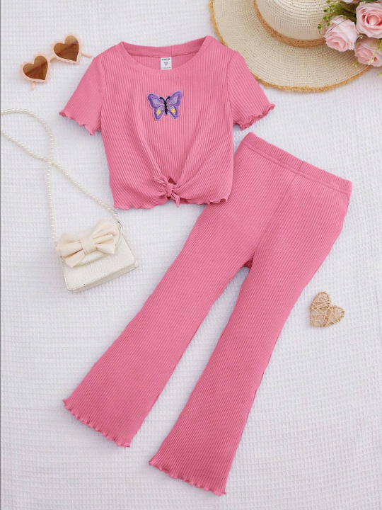 Young Girl Butterfly Embroidery Knot Hem Tee & Flare Leg Pants