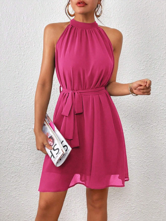 Priv Solid Belted Halter Dress