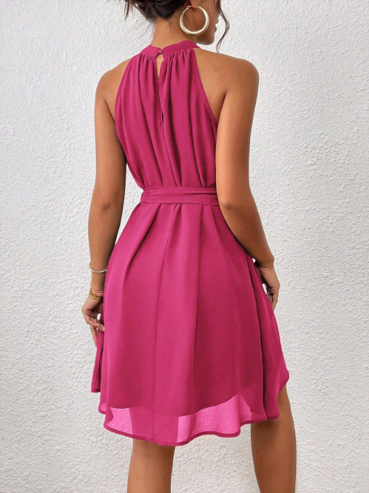 Priv Solid Belted Halter Dress