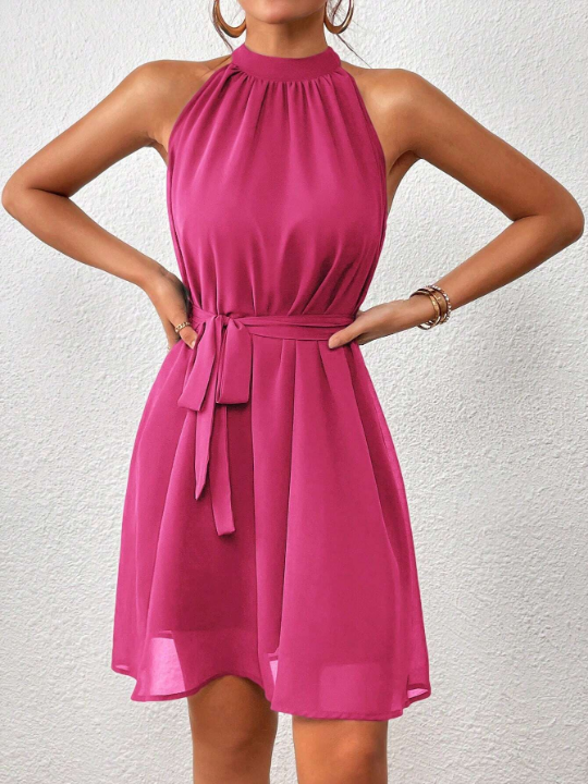 Priv Solid Belted Halter Dress