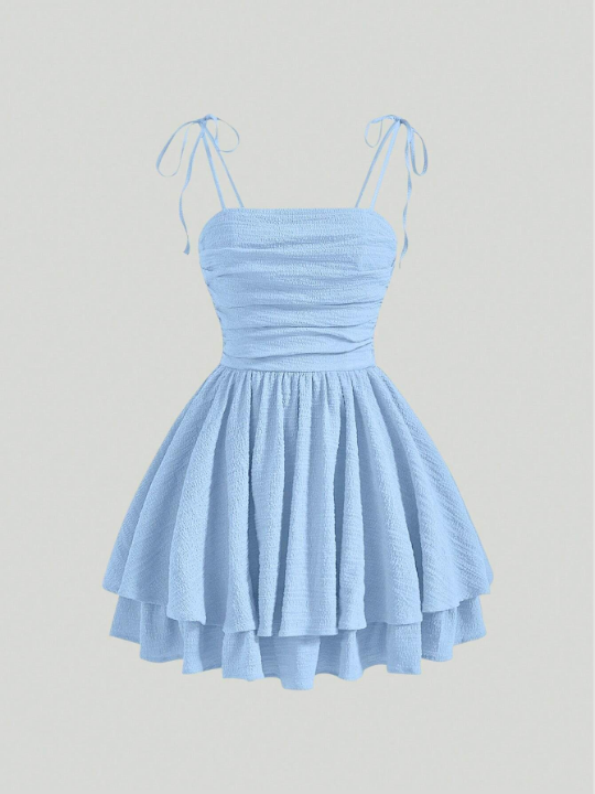 MOD Solid Ruched Bust Tie Shoulder Ruffle Hem Blue Butterfly Cami Dress