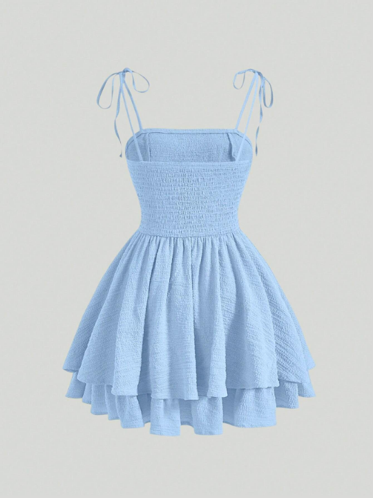 MOD Solid Ruched Bust Tie Shoulder Ruffle Hem Blue Butterfly Cami Dress