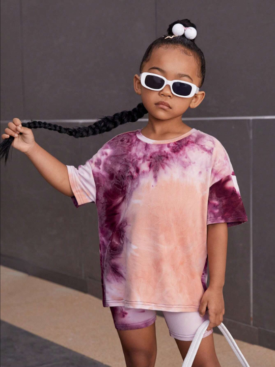 SHEIN Leisure Round Neck Young Girl Dip Dye Drop Shoulder T-Shirt & Cycling Shorts