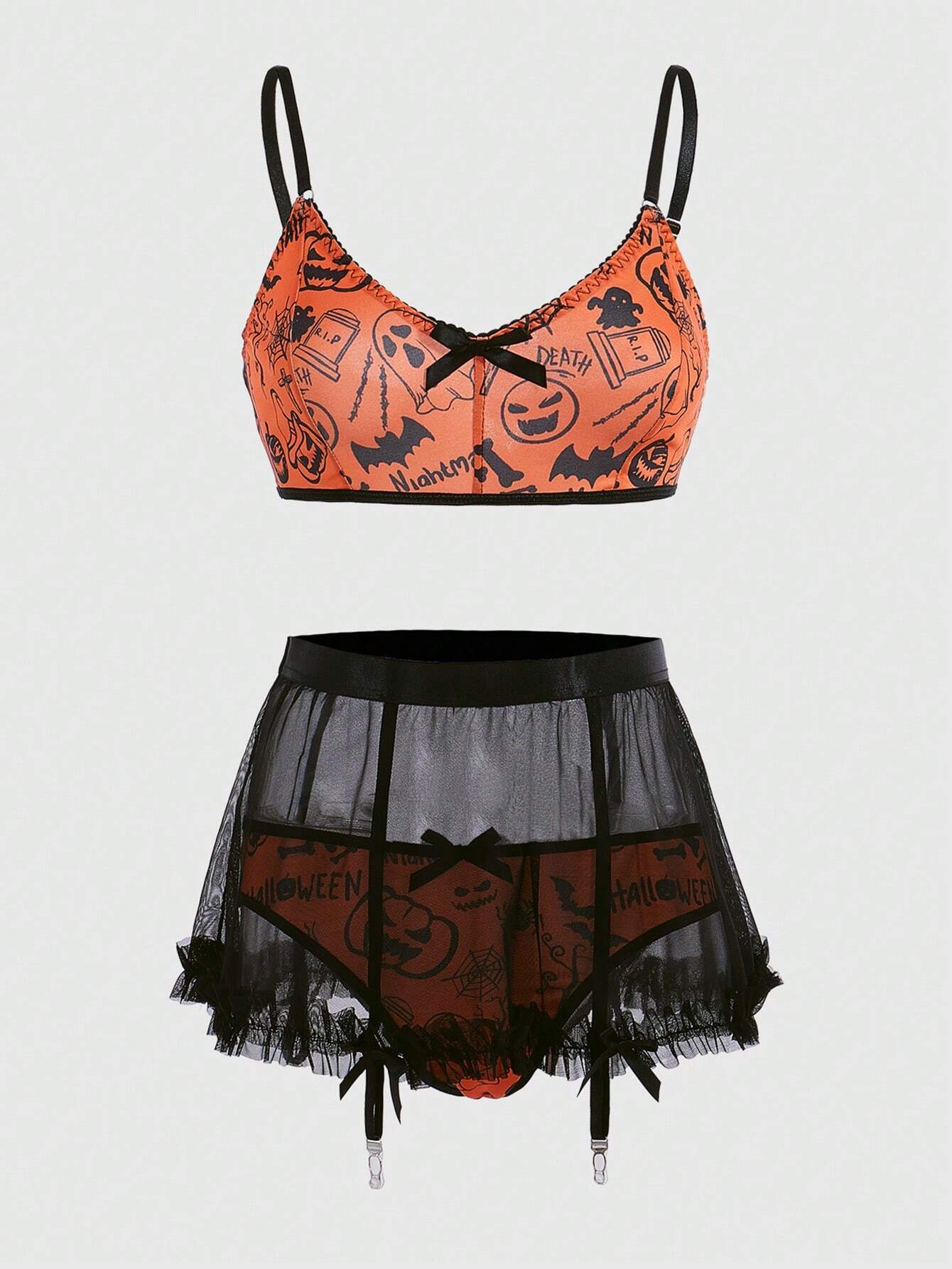 ROMWE X Dwi widiyanto Halloween Print Mesh Lingerie Set