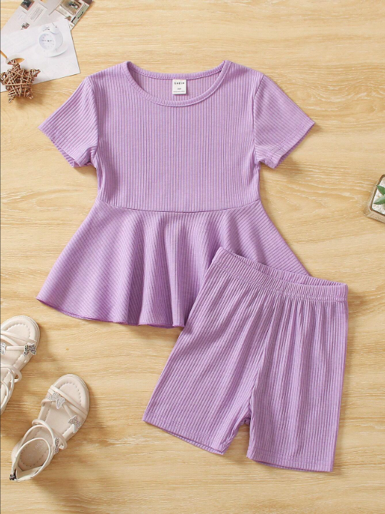 SHEIN Young Girl Ribbed Knit Peplum Tee & Shorts