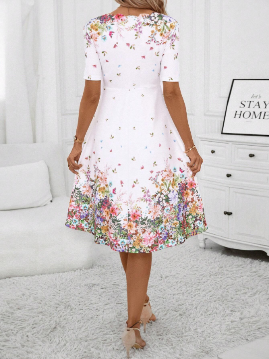 Clasi Floral Print V Neck Dress White Dress