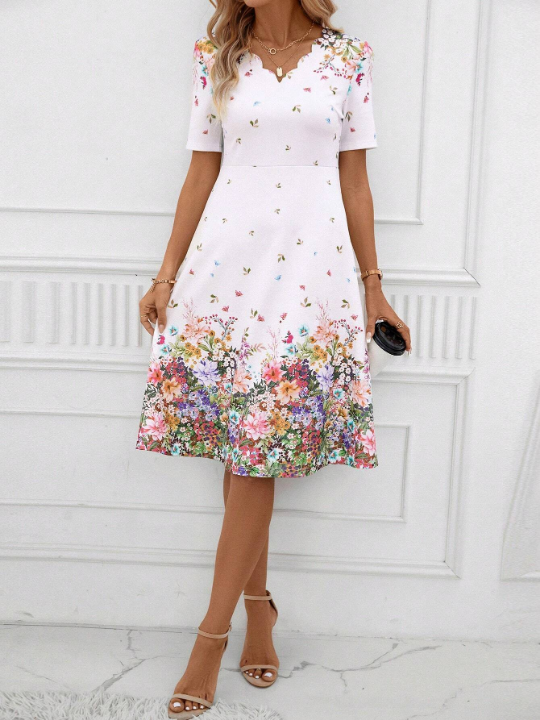 Clasi Floral Print V Neck Dress White Dress