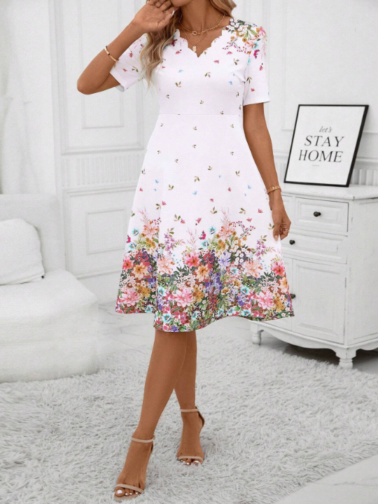 Clasi Floral Print V Neck Dress White Dress