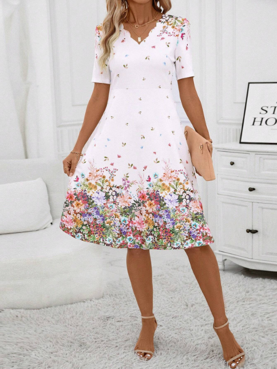 Clasi Floral Print V Neck Dress White Dress