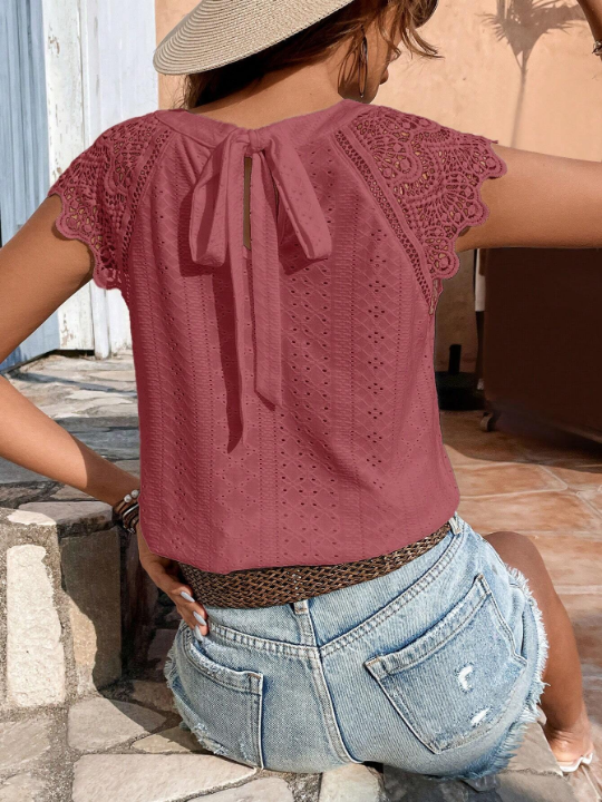 Frenchy Contrast Guipure Lace Tie Back Blouse