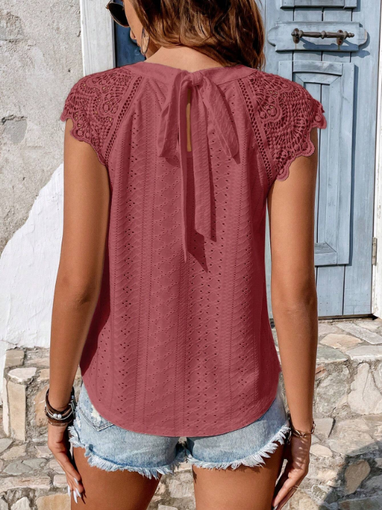 Frenchy Contrast Guipure Lace Tie Back Blouse