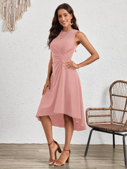 Clasi Solid Twist Front Sleeveless A-line Dress