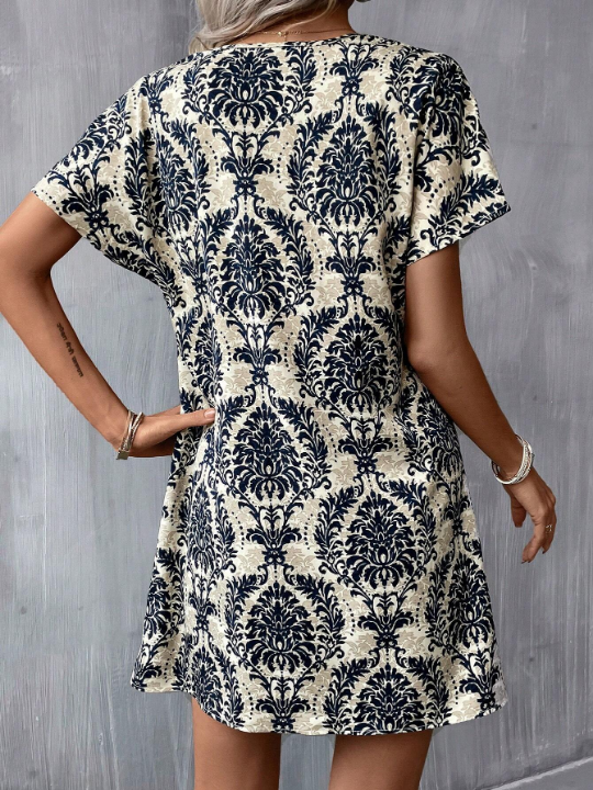 LUNE Summer Allover Print Notched Neck Batwing Sleeve Tunic Dress