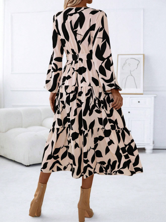 LUNE Allover Print Surplice Neck Belted Dress