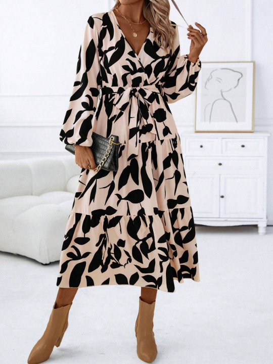 LUNE Allover Print Surplice Neck Belted Dress