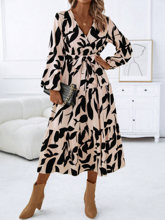 LUNE Allover Print Surplice Neck Belted Dress