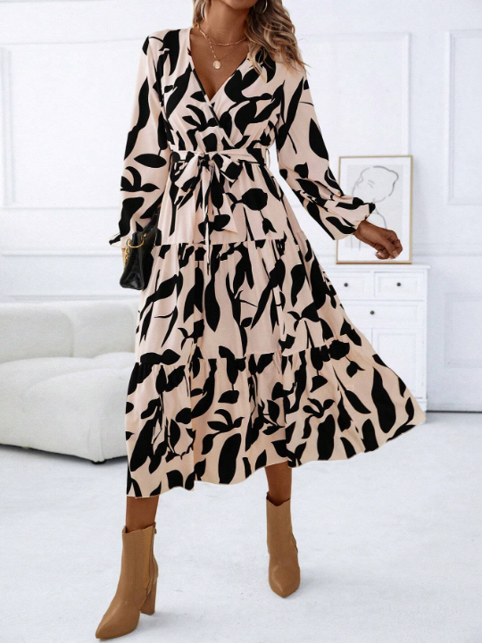 LUNE Allover Print Surplice Neck Belted Dress