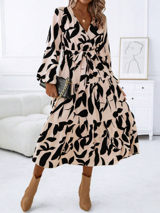 LUNE Allover Print Surplice Neck Belted Dress