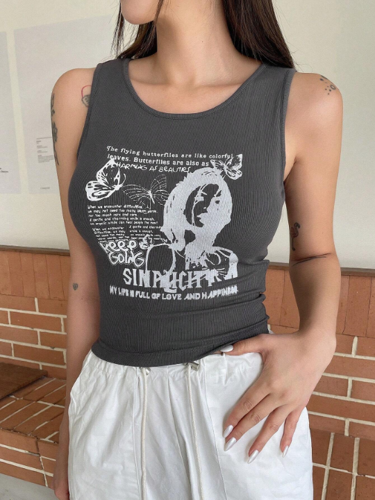 DAZY Figure & Slogan Graphic Tank Top