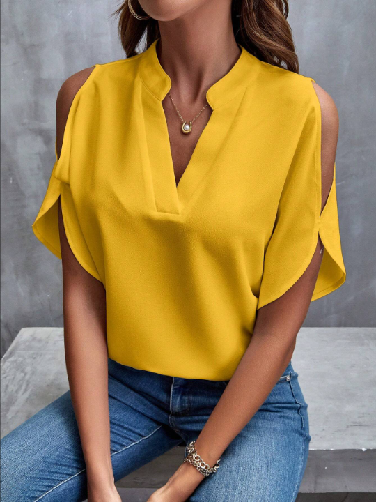 LUNE Solid Cold Shoulder Notched Neck Blouse