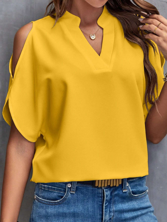 LUNE Solid Cold Shoulder Notched Neck Blouse