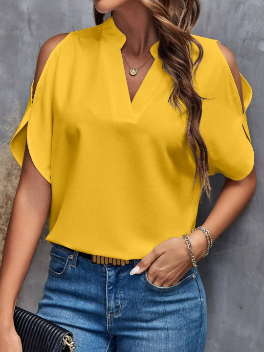 LUNE Solid Cold Shoulder Notched Neck Blouse