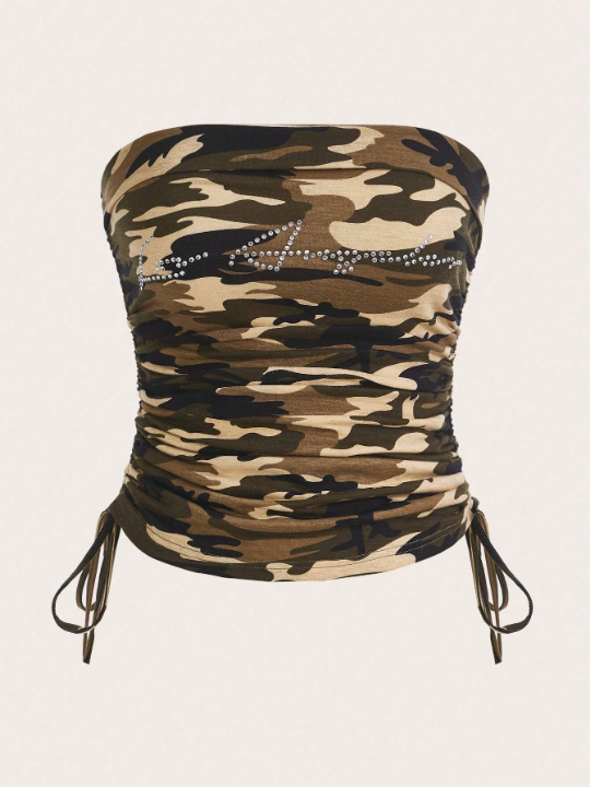 EZwear Camo Print Letter Rhinestone Drawstring Side Tube Top