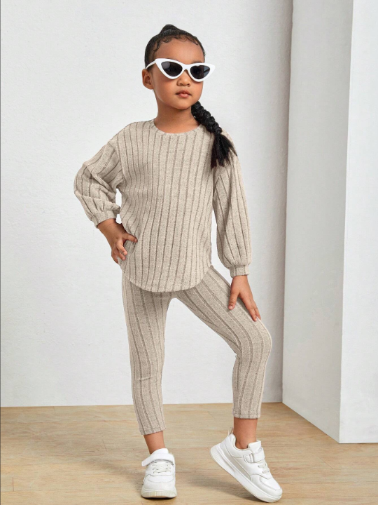 SHEIN Young Girl Drop Shoulder Ribbed Knit Tee & Leggings