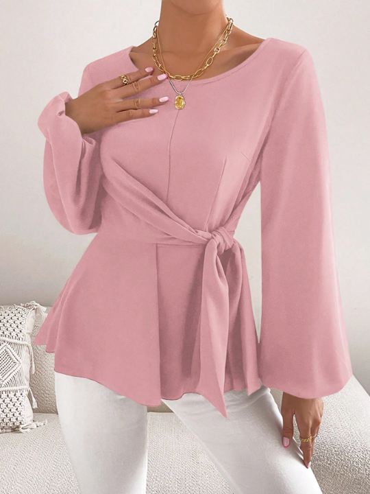 Priv Lantern Sleeve Knot Side Blouse