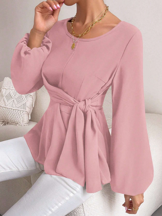 Priv Lantern Sleeve Knot Side Blouse