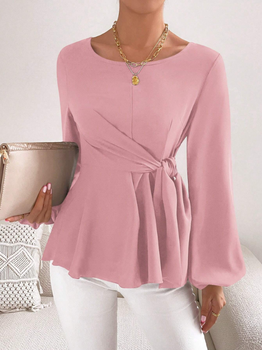 Priv Lantern Sleeve Knot Side Blouse