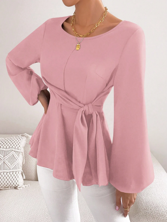 Priv Lantern Sleeve Knot Side Blouse