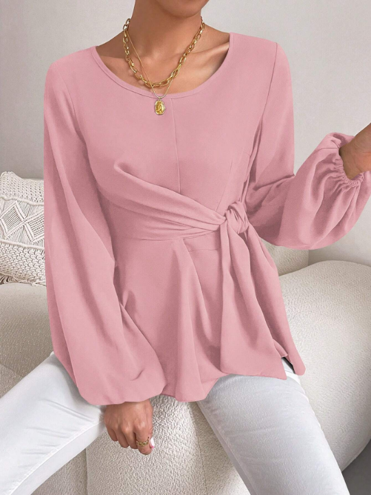 Priv Lantern Sleeve Knot Side Blouse