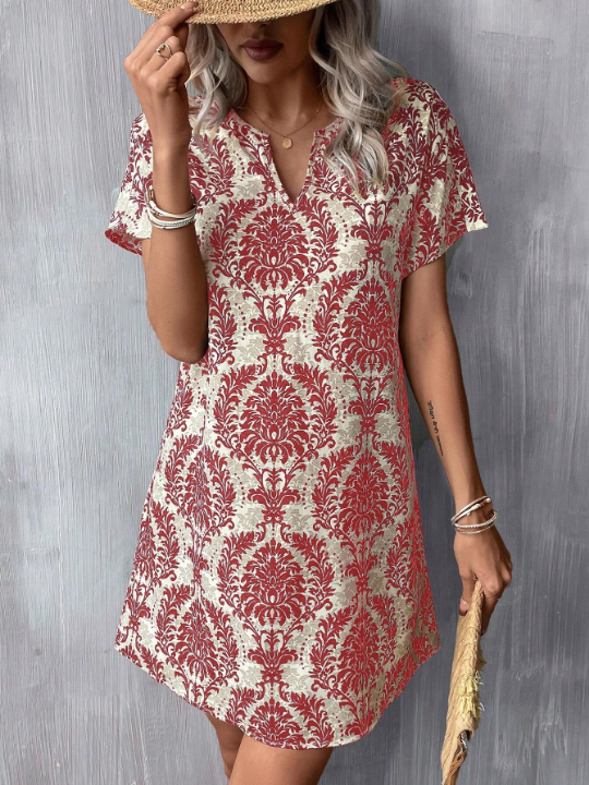 LUNE Summer Allover Print Notched Neck Batwing Sleeve Tunic Dress