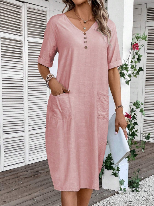 LUNE Solid Button Detail Dual Pockets Tunic Dress