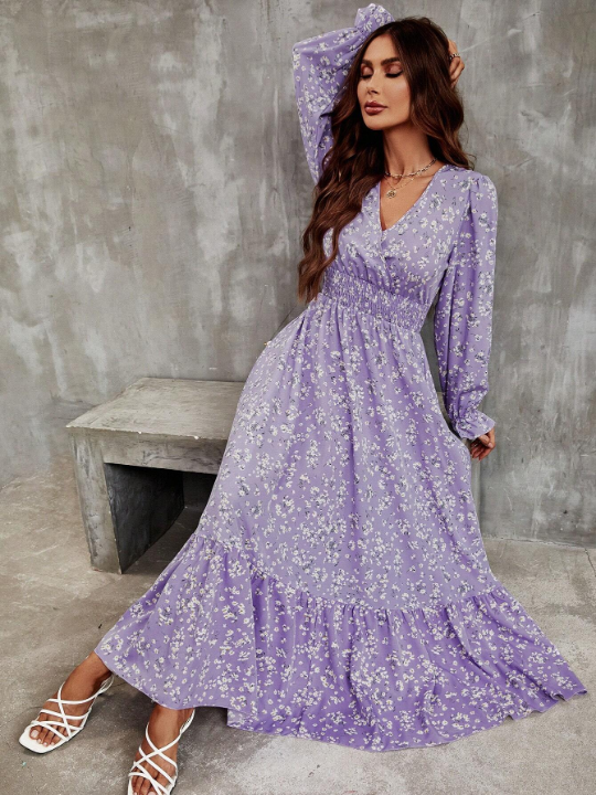 Frenchy Ditsy Floral Print Flounce Sleeve Ruffle Hem Dress