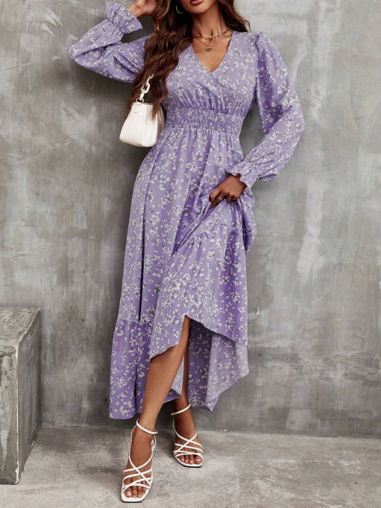 Frenchy Ditsy Floral Print Flounce Sleeve Ruffle Hem Dress