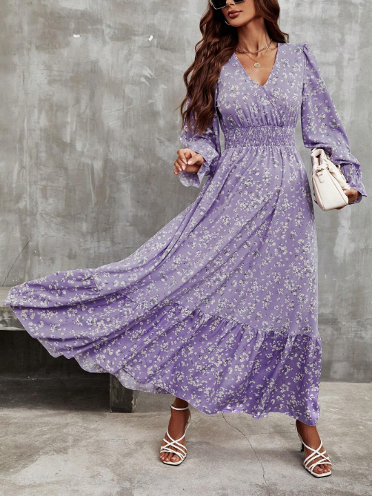 Frenchy Ditsy Floral Print Flounce Sleeve Ruffle Hem Dress