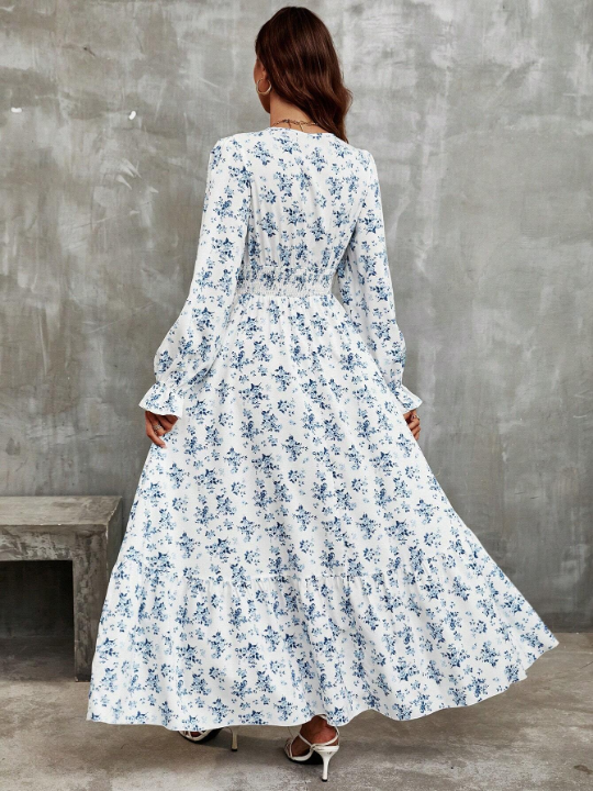 Frenchy Ditsy Floral Print Flounce Sleeve Ruffle Hem Dress