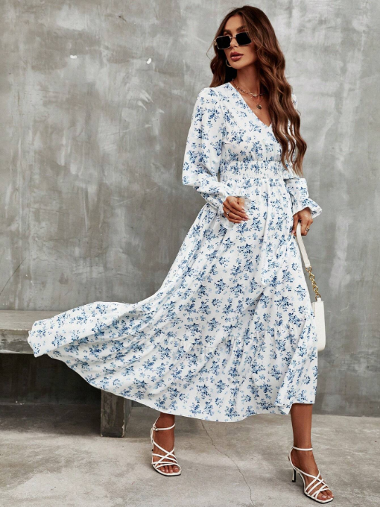 Frenchy Ditsy Floral Print Flounce Sleeve Ruffle Hem Dress