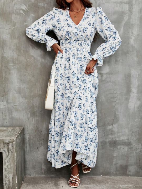 Frenchy Ditsy Floral Print Flounce Sleeve Ruffle Hem Dress