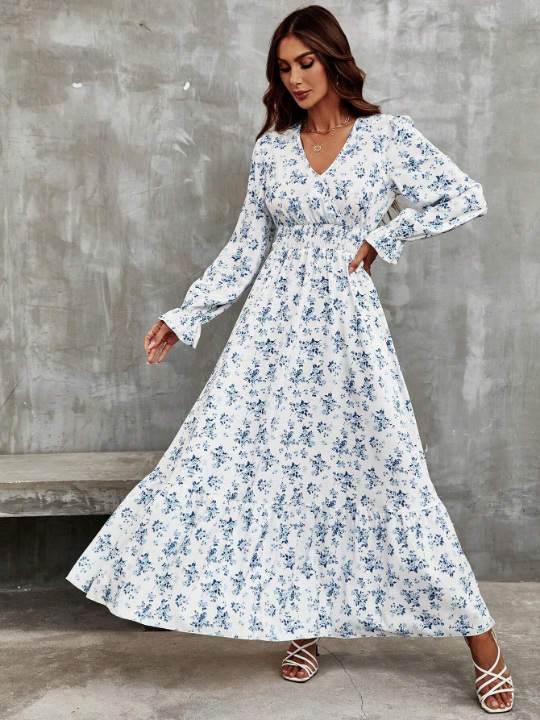 Frenchy Ditsy Floral Print Flounce Sleeve Ruffle Hem Dress