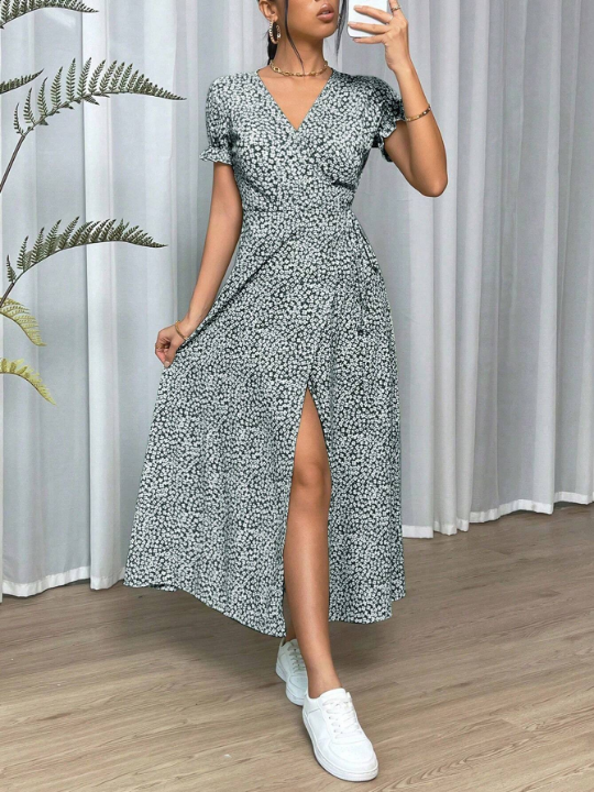 VCAY Sping Ditsy Floral Print Knot Side Wrap Long Dress