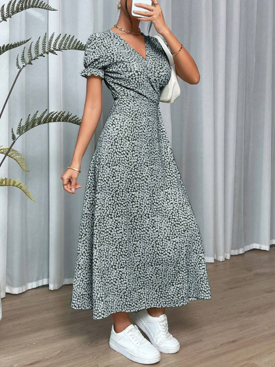 VCAY Sping Ditsy Floral Print Knot Side Wrap Long Dress