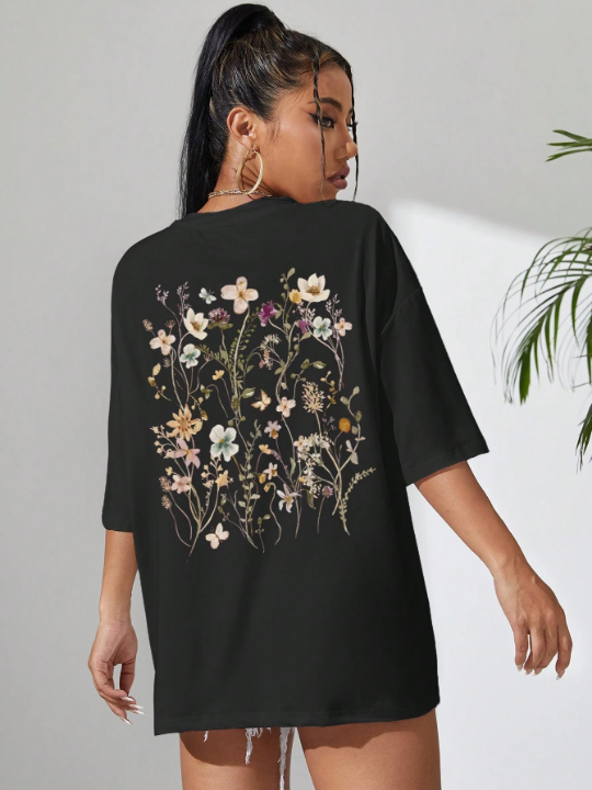 Essnce Floral Print Drop Shoulder Tee