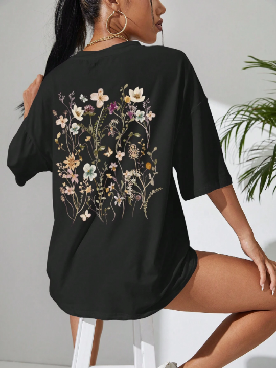 Essnce Floral Print Drop Shoulder Tee