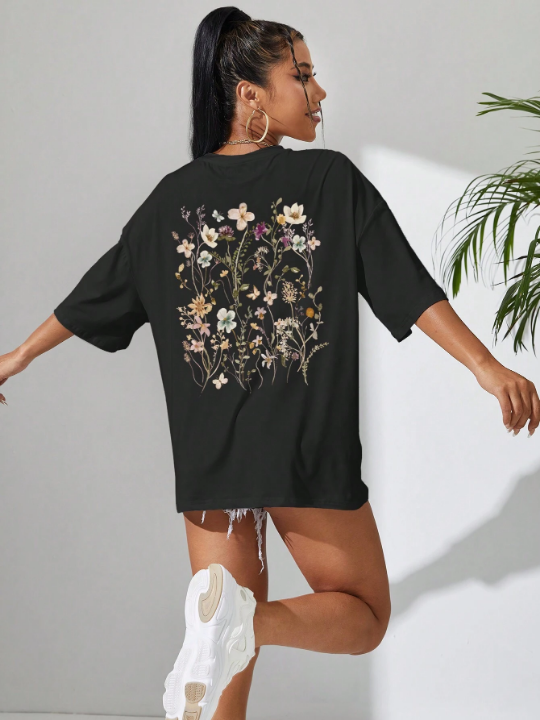 Essnce Floral Print Drop Shoulder Tee